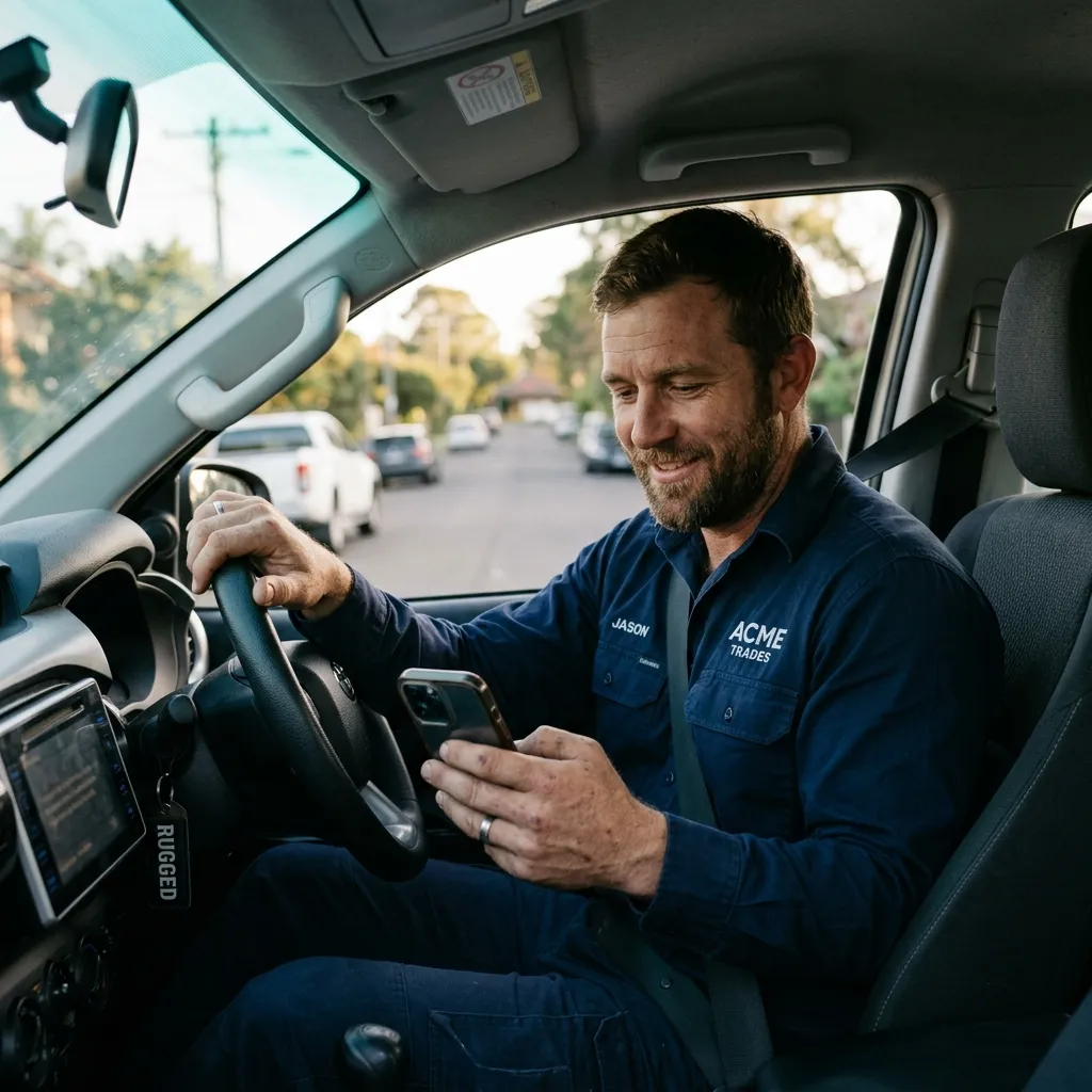 Jason, Australian tradesman looking at phone with a relaxed smile