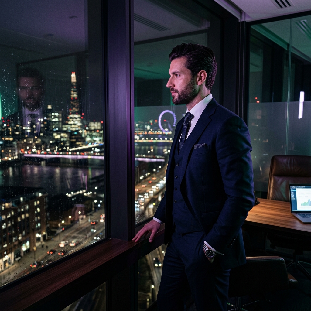Marcus, sharp modern male agency founder looking out of a dark high-rise office window at night with violet and emerald lighting
