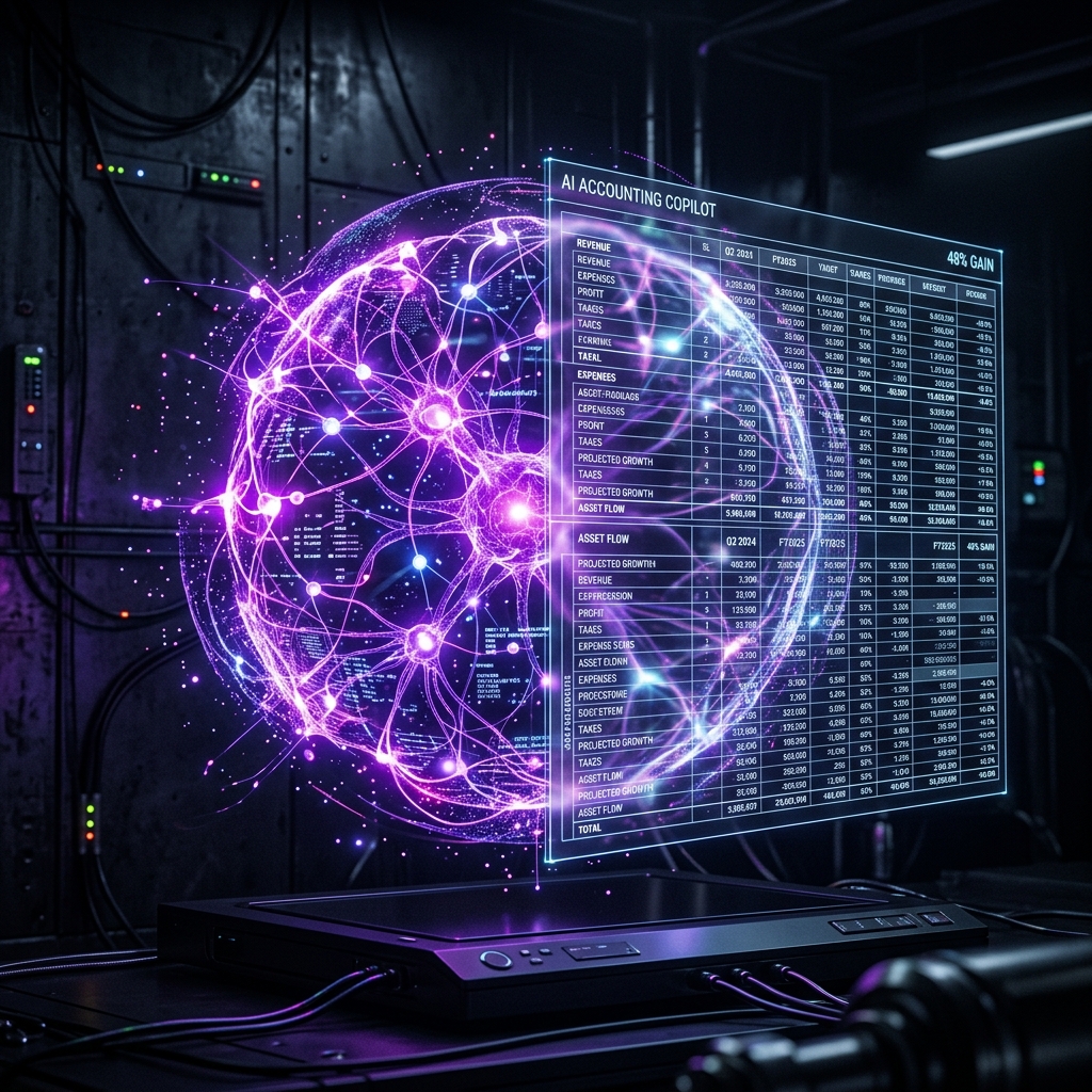 Glowing violet neural network orb intersecting a spreadsheet