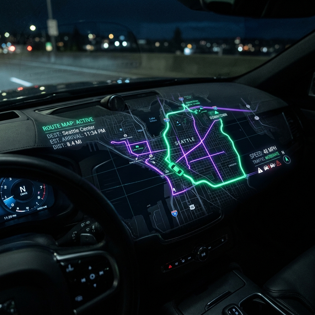 Sleek glowing digital route map projected onto a dark car dashboard tracing paths