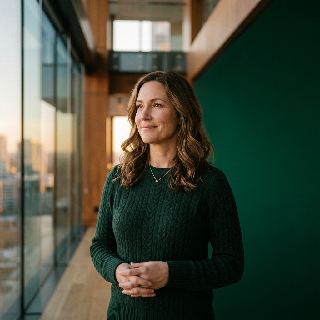 A visionary female business owner radiating quiet confidence and profound relief