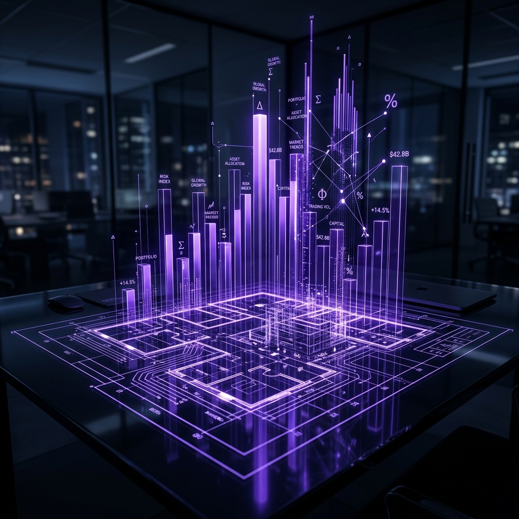 Abstract 3D architectural blueprint glowing with violet digital bar charts rising vertically