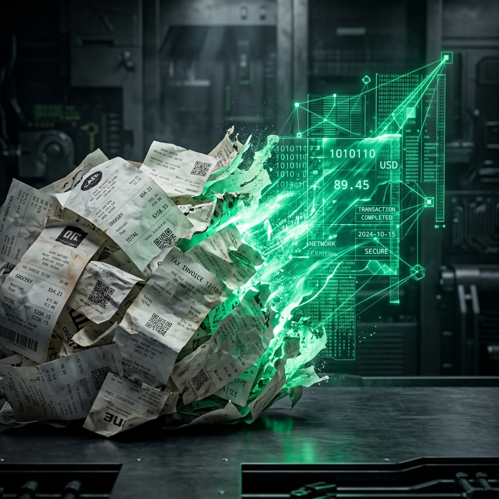 Chaotic pile of crumpled paper receipts dissolving into glowing, perfectly structured emerald-green digital data arrays