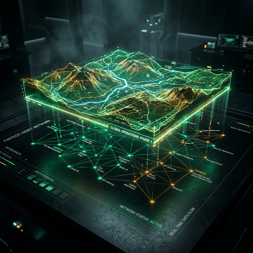 Glowing 3D topographical radar map hovering over a dark matte surface showing digital nodes representing software and physical assets