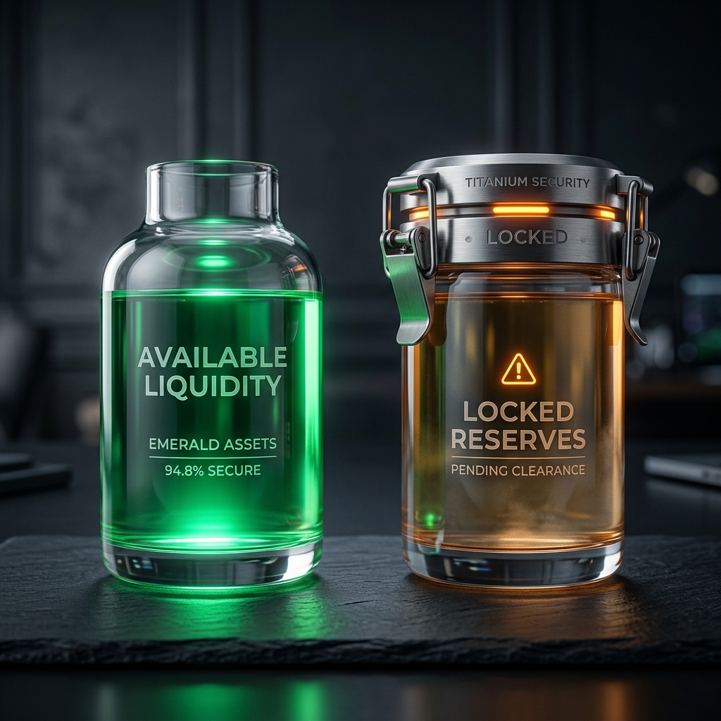 Translucent glass reservoirs showing emerald safe cash versus locked amber warning liabilities