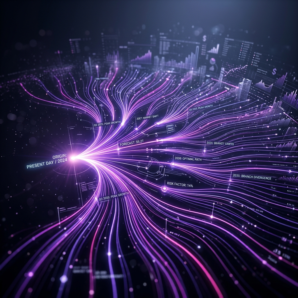 Futuristic 3D fan of glowing digital timelines branching out from a single origin point representing financial forecasting