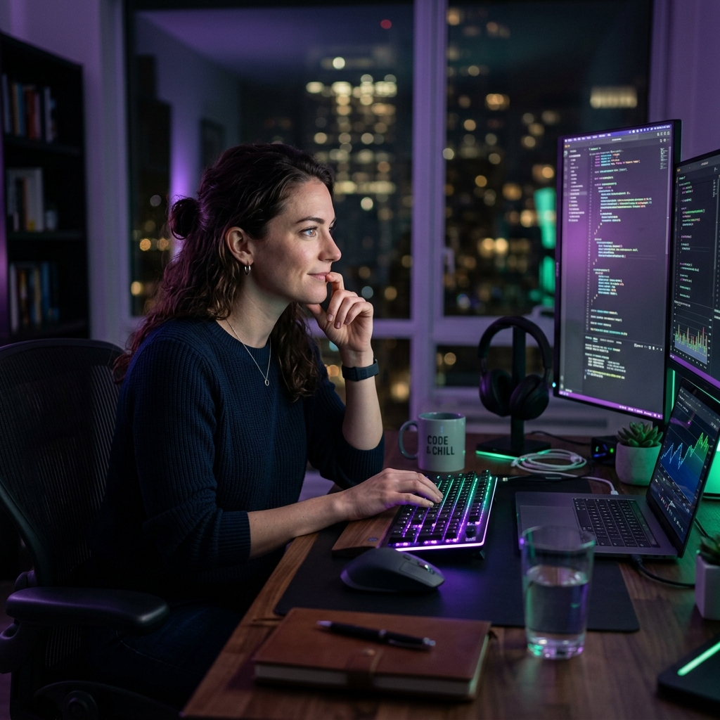 Sarah, modern freelance female software developer working thoughtfully at a sleek desk at night with violet and emerald lighting